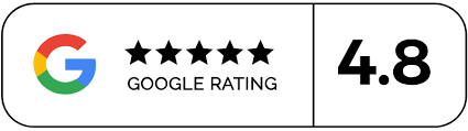 Google rating with 5 stars, 4.8 score.