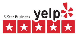 Yelp logo with five red stars and text