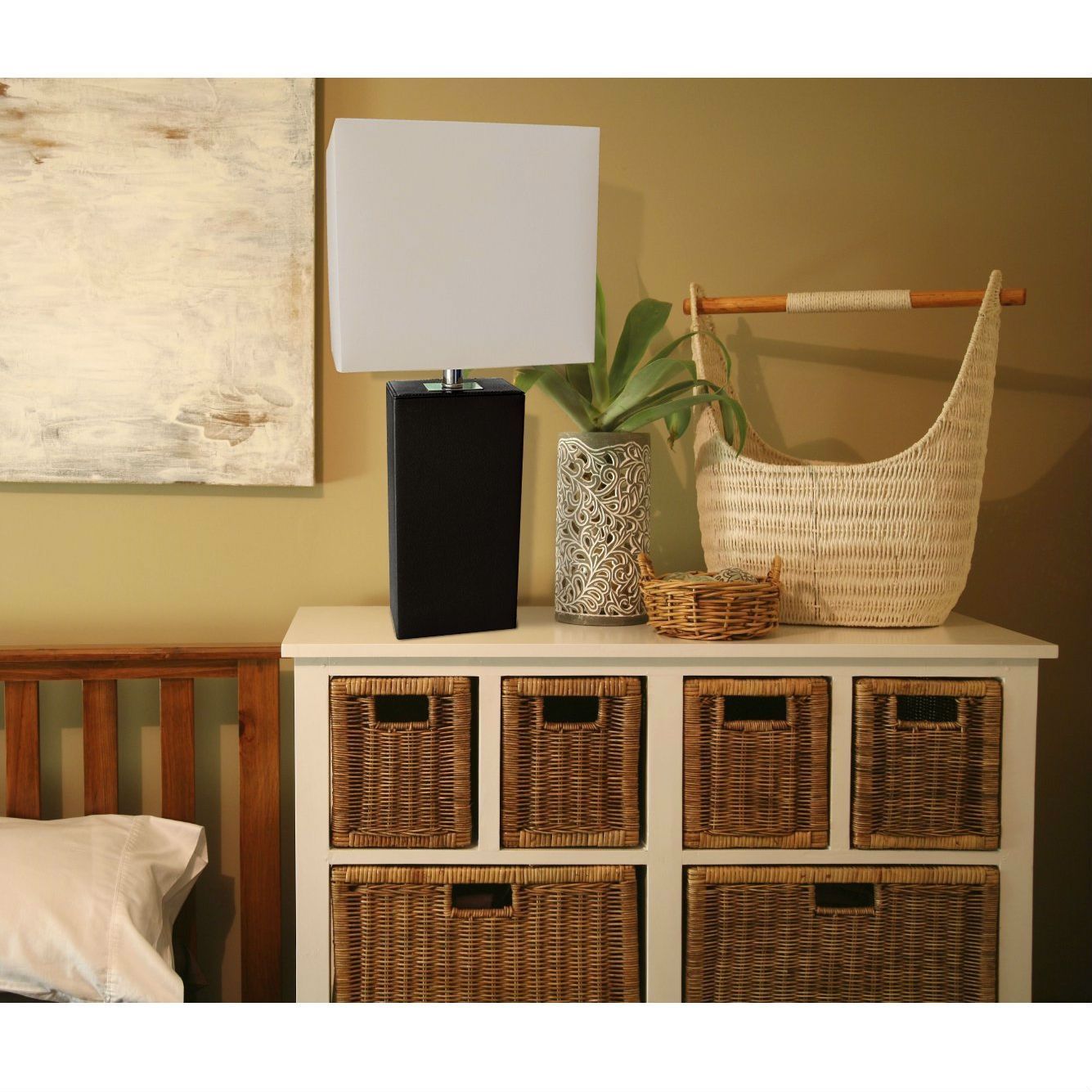 Contemporary Black Leather Table Lamp with White Fabric Shade - FREE SHIPPING