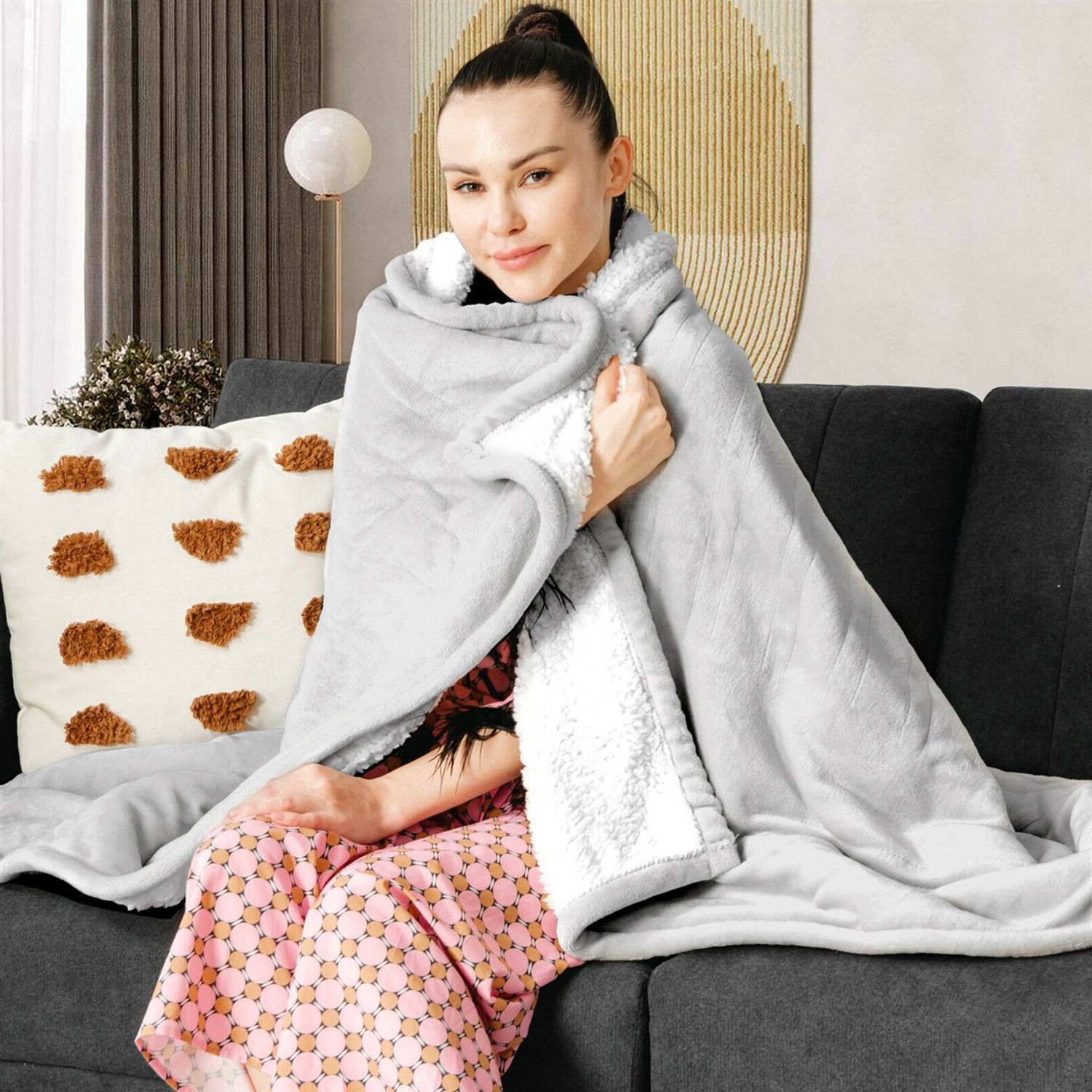 Heated Electric Sherpa Throw Blanket in Grey/White - FREE SHIPPING