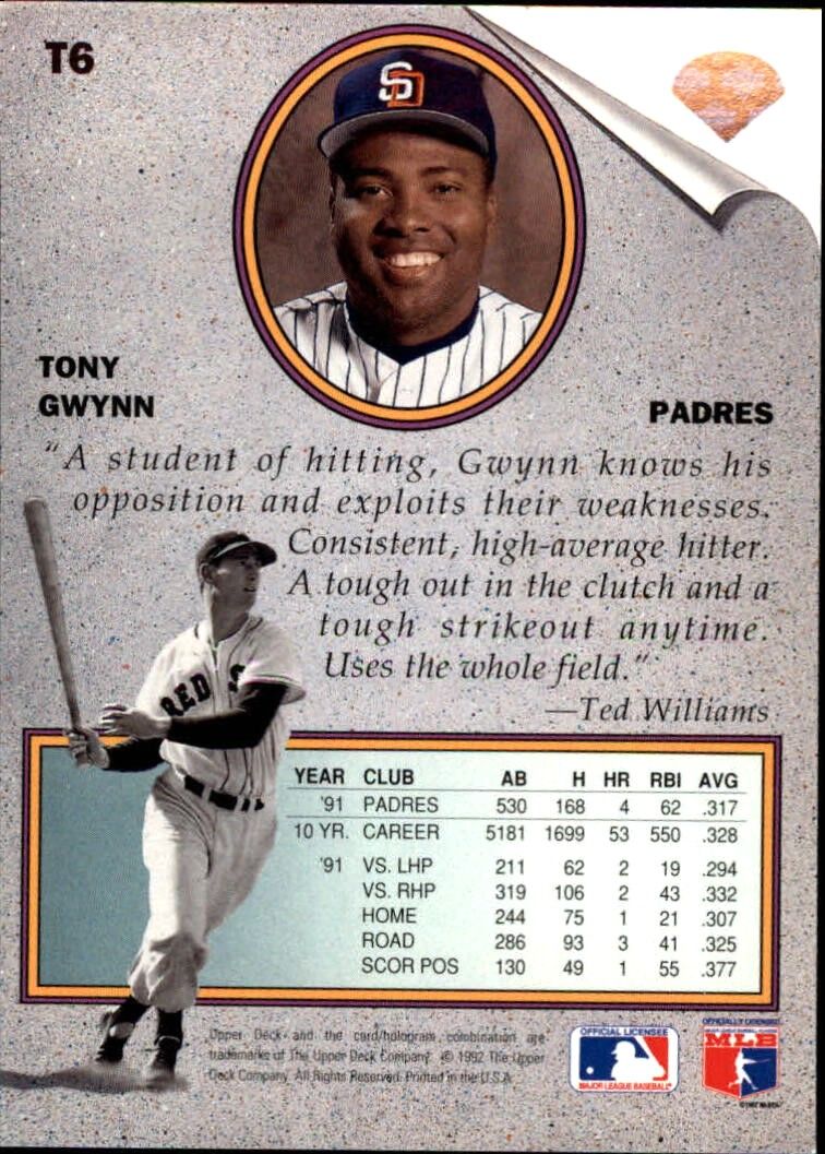 1992 Upper Deck Tony Gwynn #T6 Baseball Card