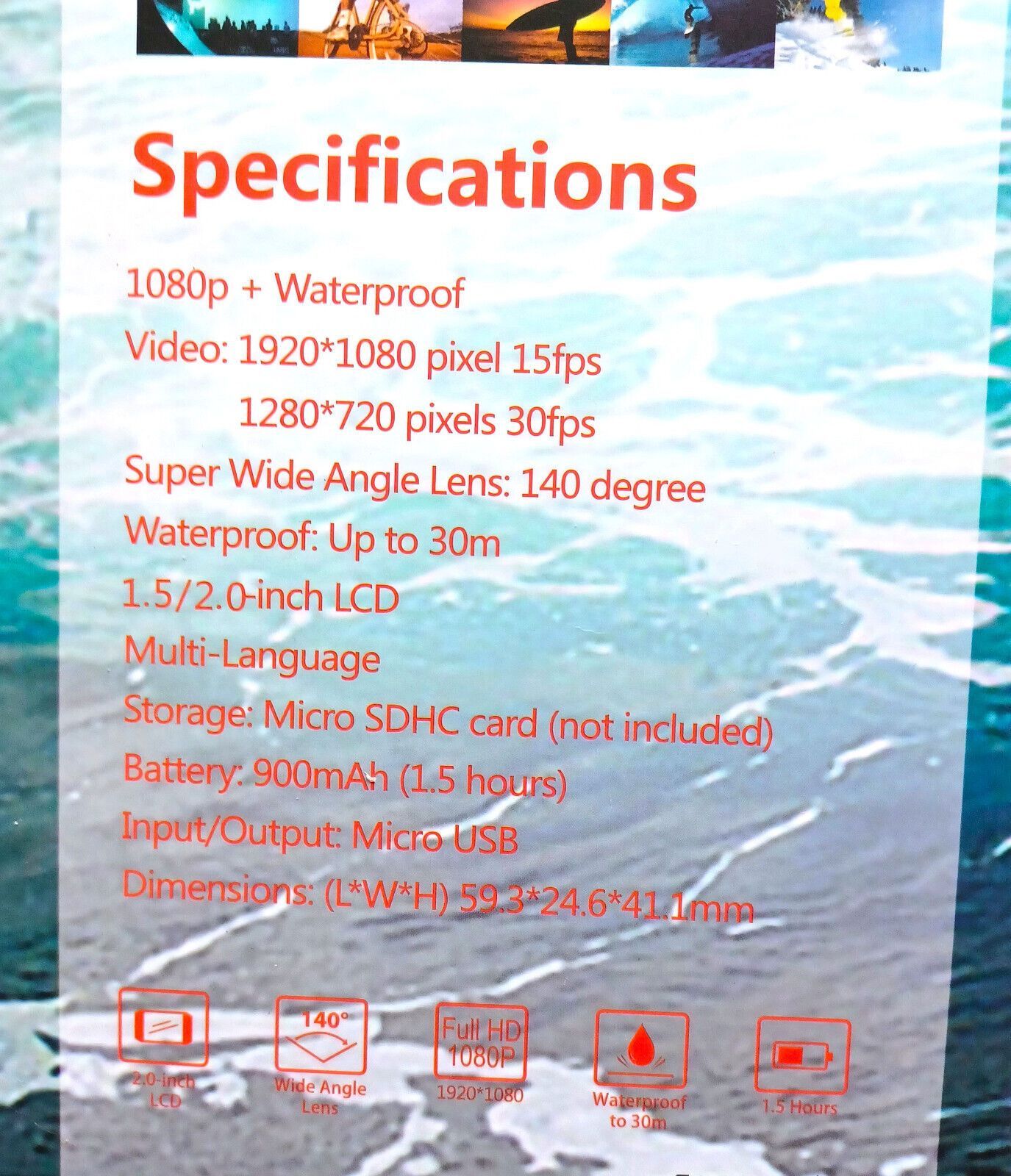 1080p Sports Camera Full HD Waterproof up to 30 Meters