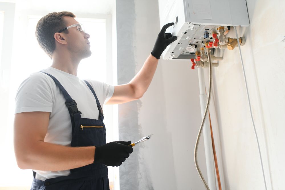 A man is fixing a boiler with a screwdriver.