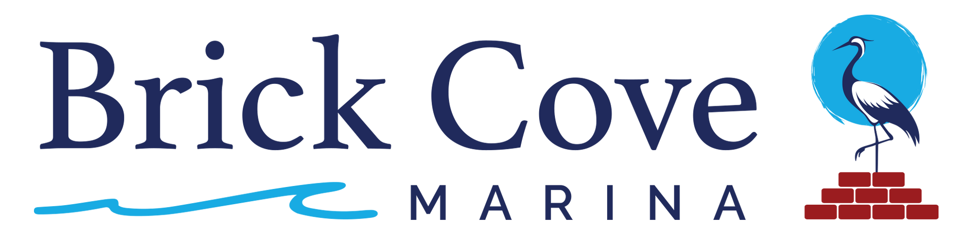 Brick Cove Marina logo with text, waves, a crane inside a blue circle, and brickwork.