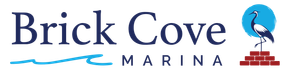 Brick Cove Marina logo with text, waves, a crane inside a blue circle, and brickwork.