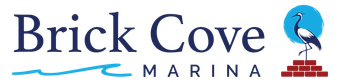 Brick Cove Marina logo with text, waves, a crane inside a blue circle, and brickwork.
