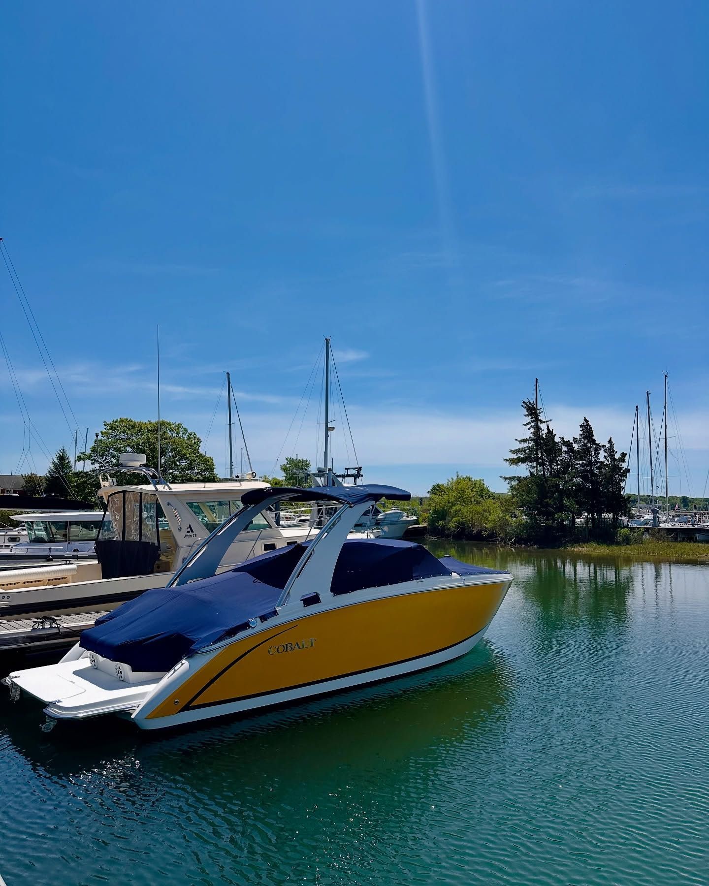 Yellow and white motorboat docked at a marina on a sunny day.
