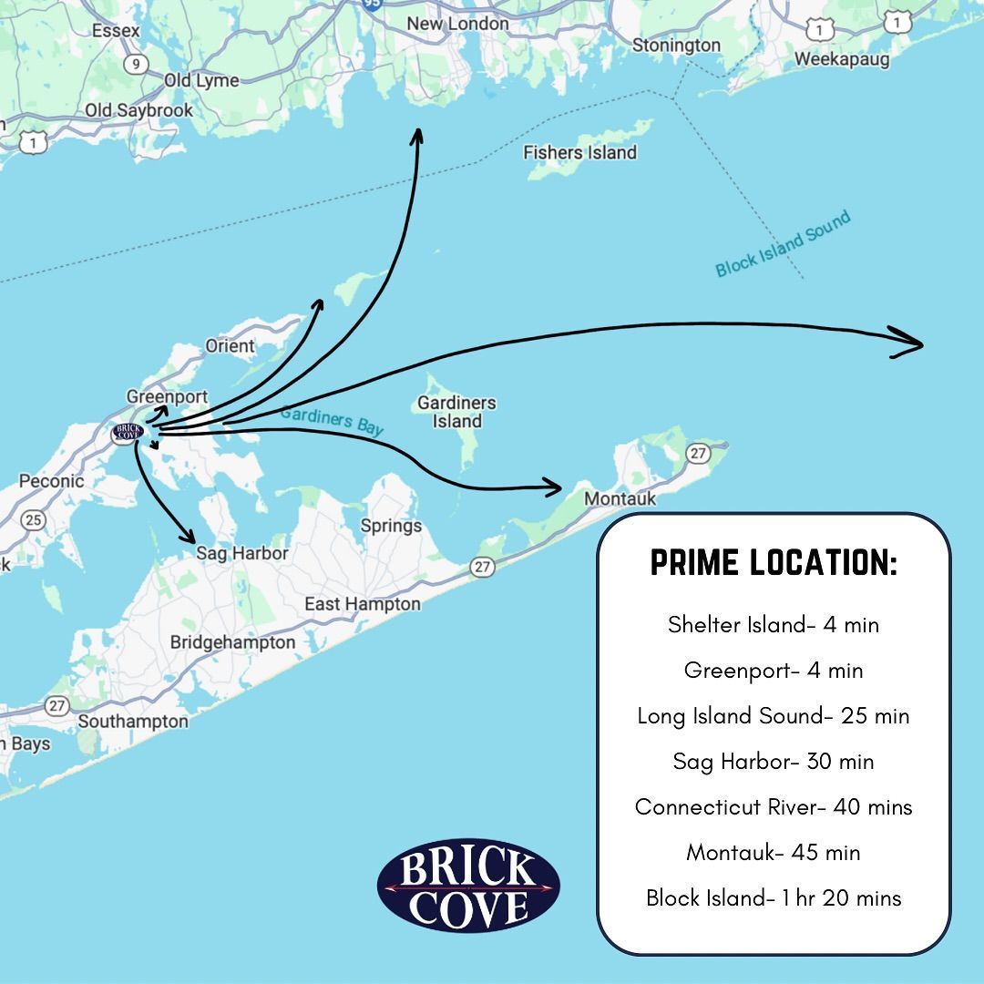 Map shows Brick Cove's prime location near Shelter Island, Greenport, Long Island Sound, Sag Harbor, Connecicut River