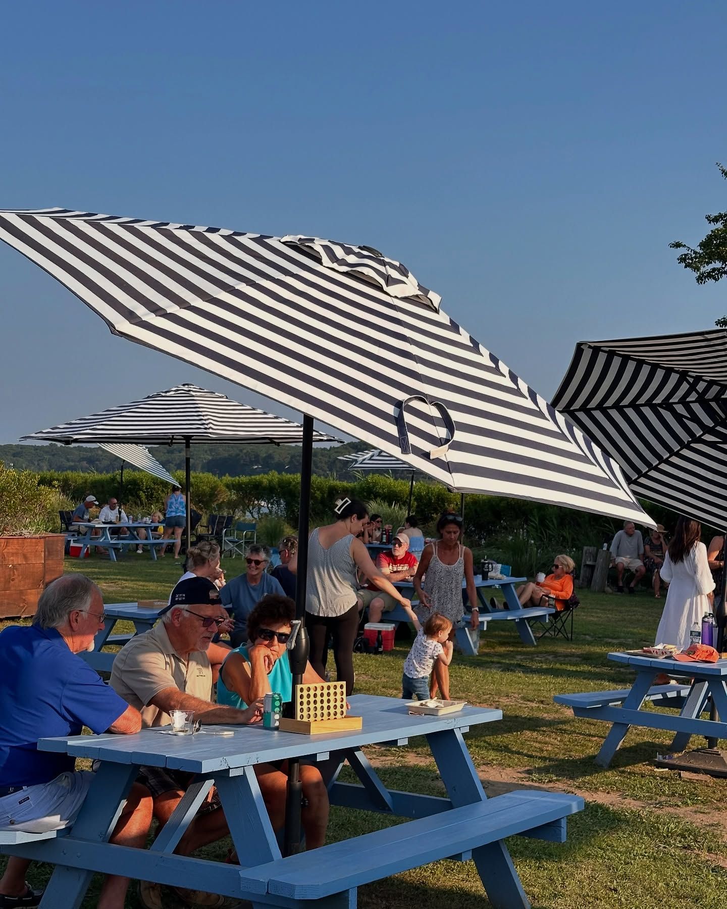 People at picnic tables under striped umbrellas, enjoying a gathering outdoors on a sunny day.
