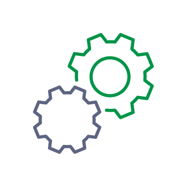 Two interlocking gear icons, one green, one blue.
