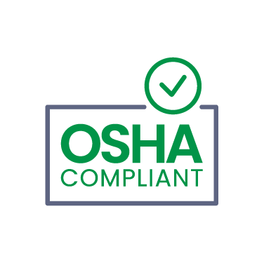 OSHA compliant logo: Green text and checkmark inside a blue square.