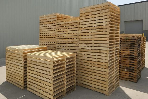 Several stacks of wooden pallets outside a building.