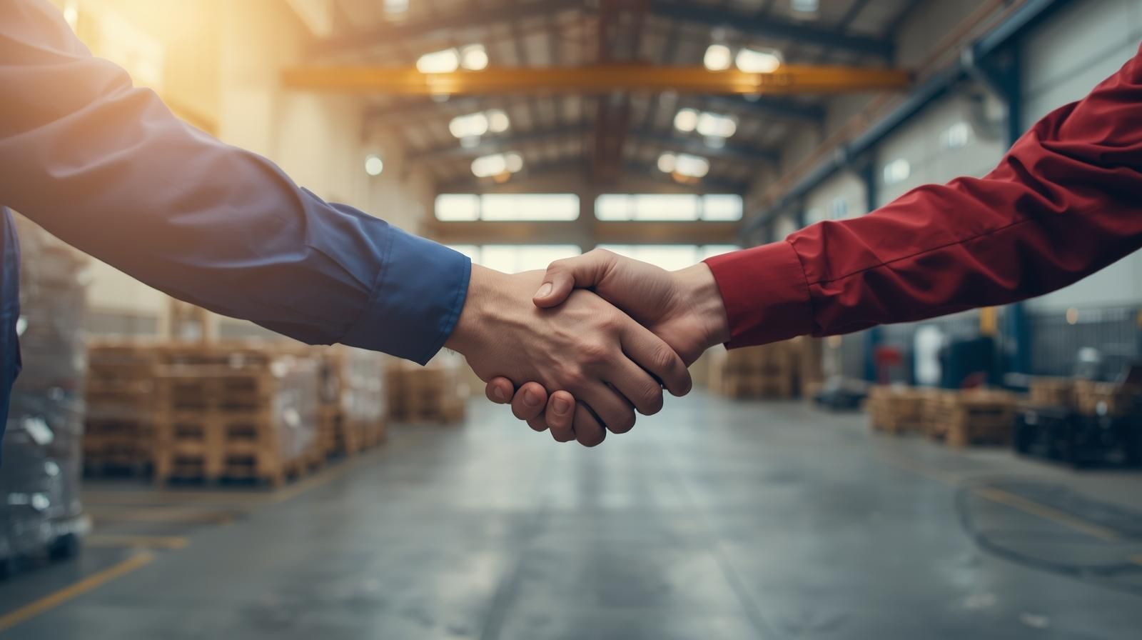 Two people shaking hands in a warehouse, sealed deal.