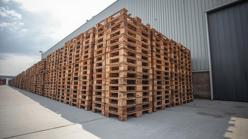 A large stack of wooden pallets outside a warehouse on a sunny day.