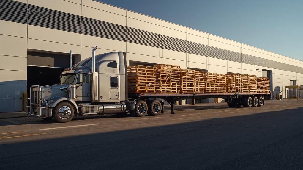 Silver semi-truck loaded with wooden pallets parked in front of a warehouse.