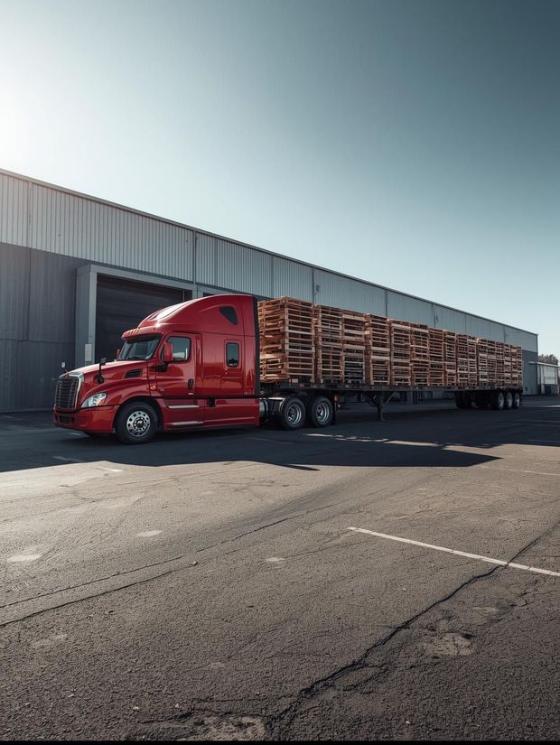 Red semi-truck loaded with pallets parked near a warehouse under a clear sky.