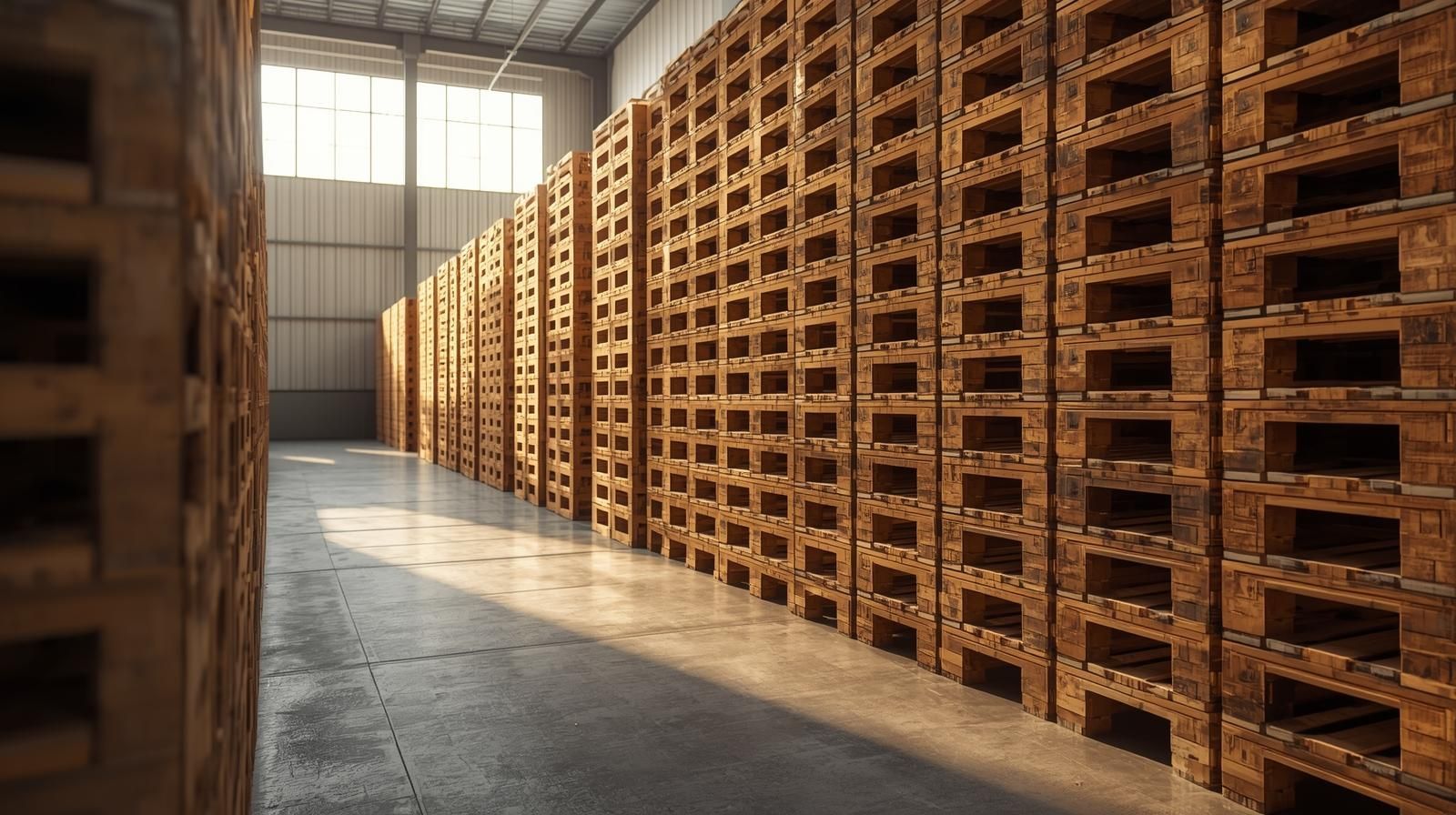 Rows of stacked wooden pallets inside a warehouse, illuminated by sunlight.