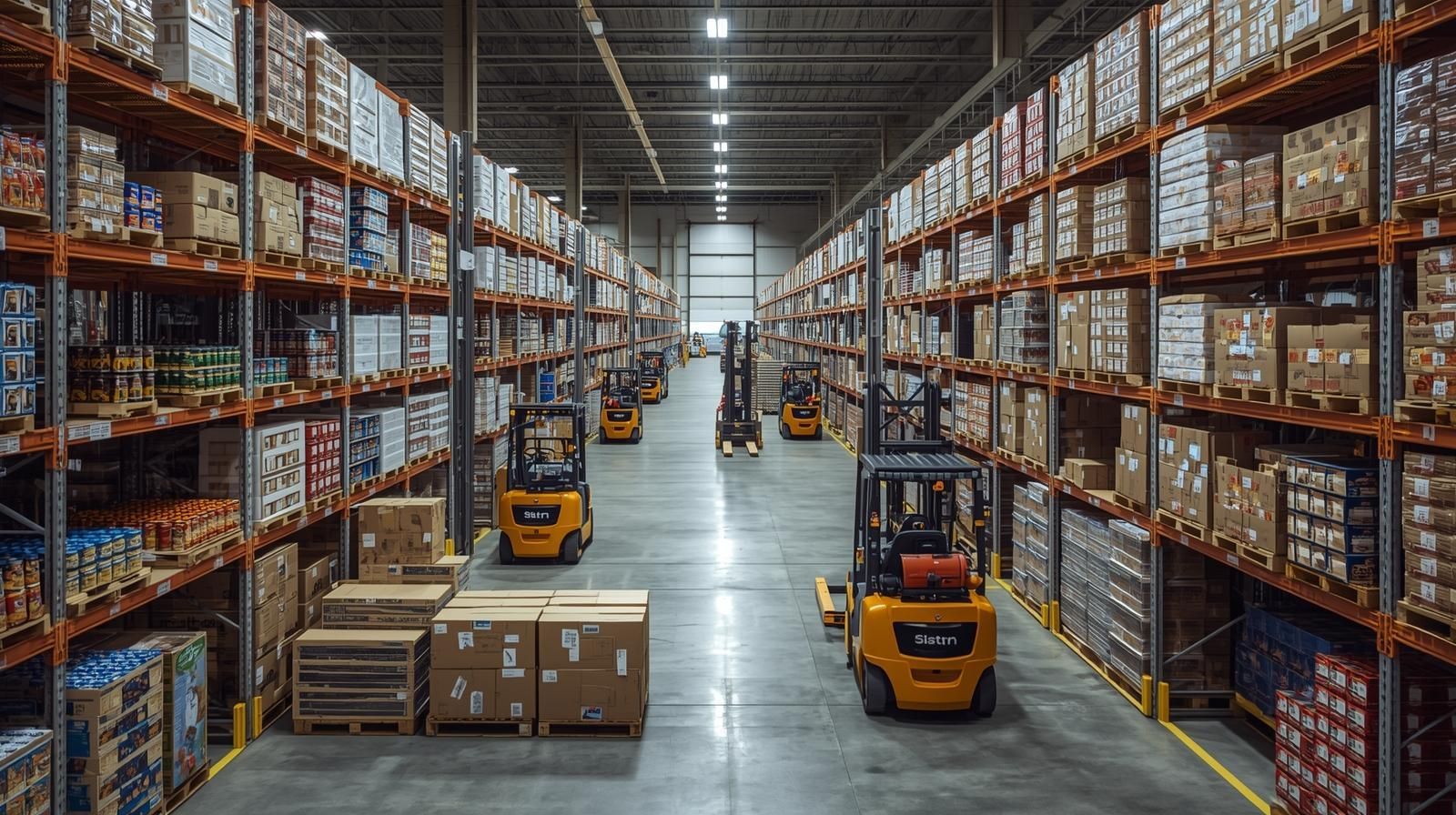 Warehouse interior with rows of shelves, forklifts, and packaged goods.
