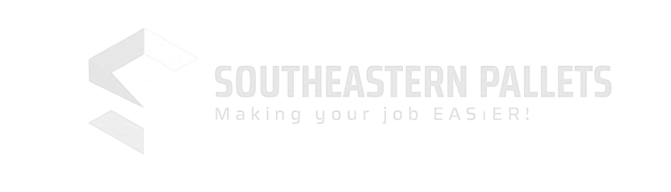 Logo for Southeastern Pallets with a gray abstract shape and text: 