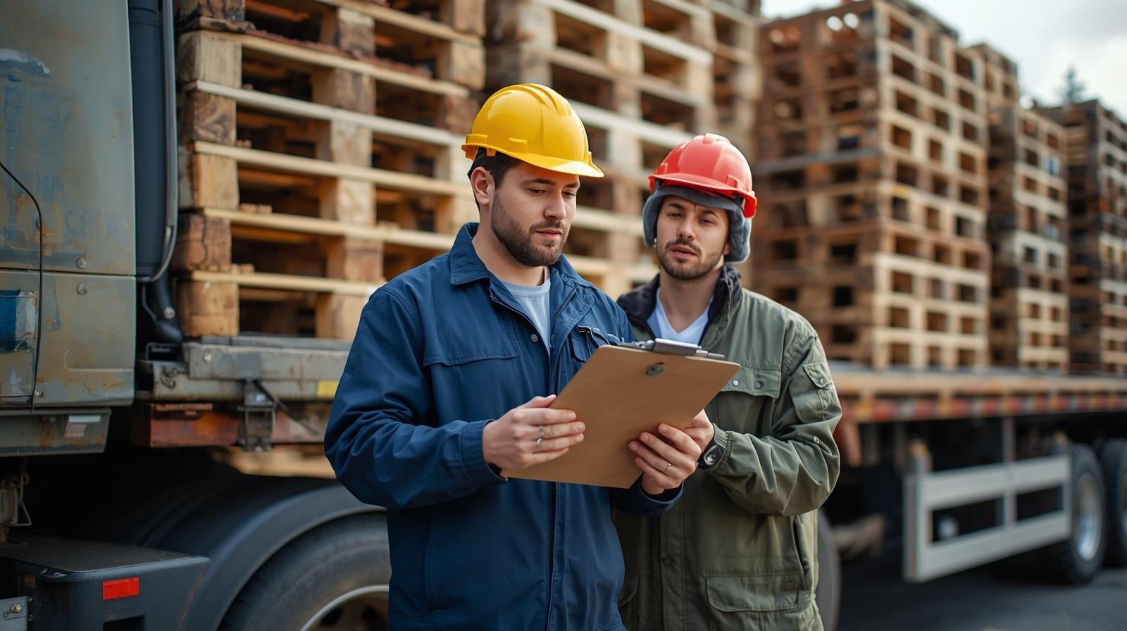 Two workers in hard hats review a clipboard next to a truck loaded with wooden pallets.