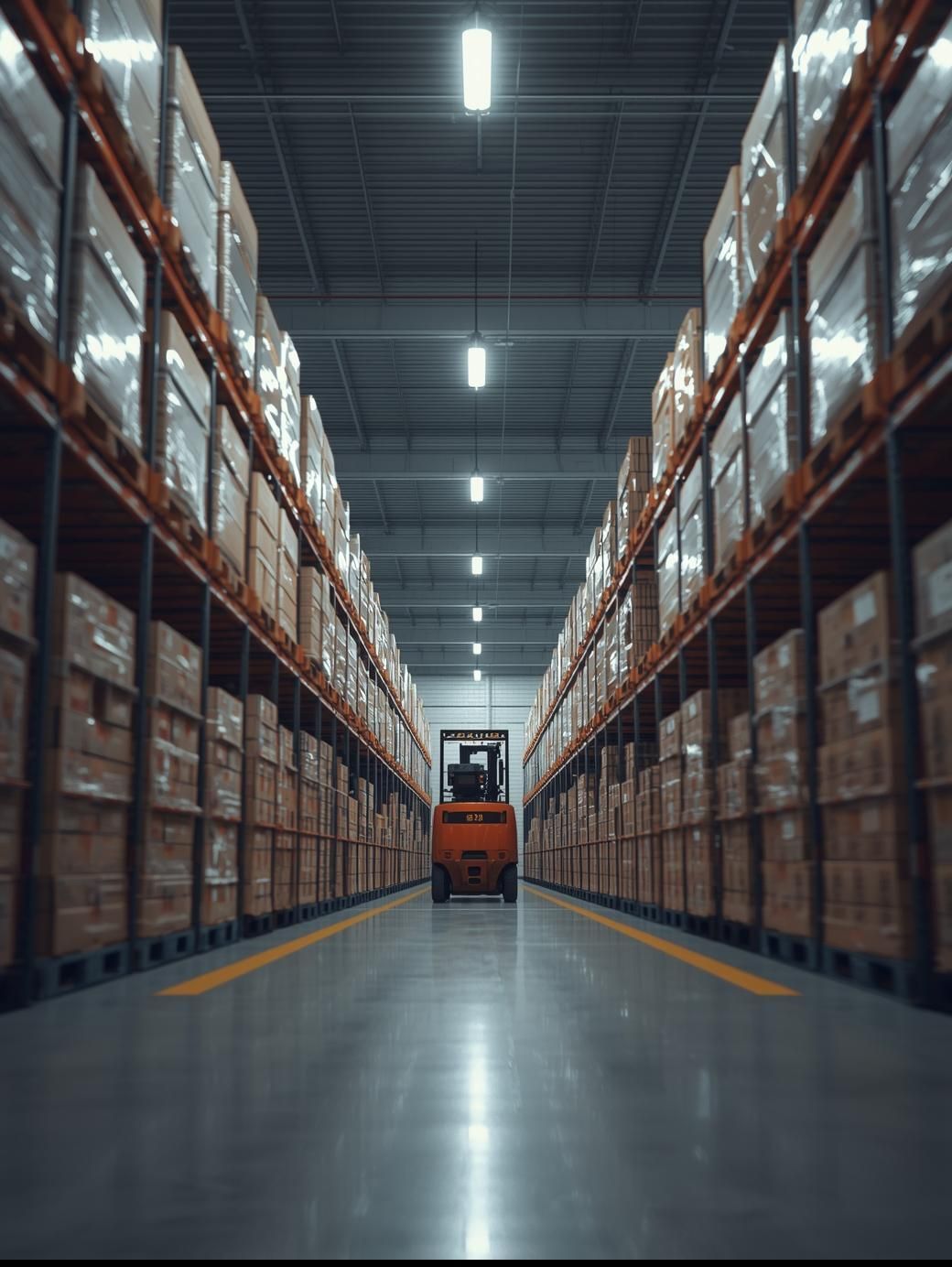 Warehouse interior: Forklift drives down aisle lined with shelves of boxes.
