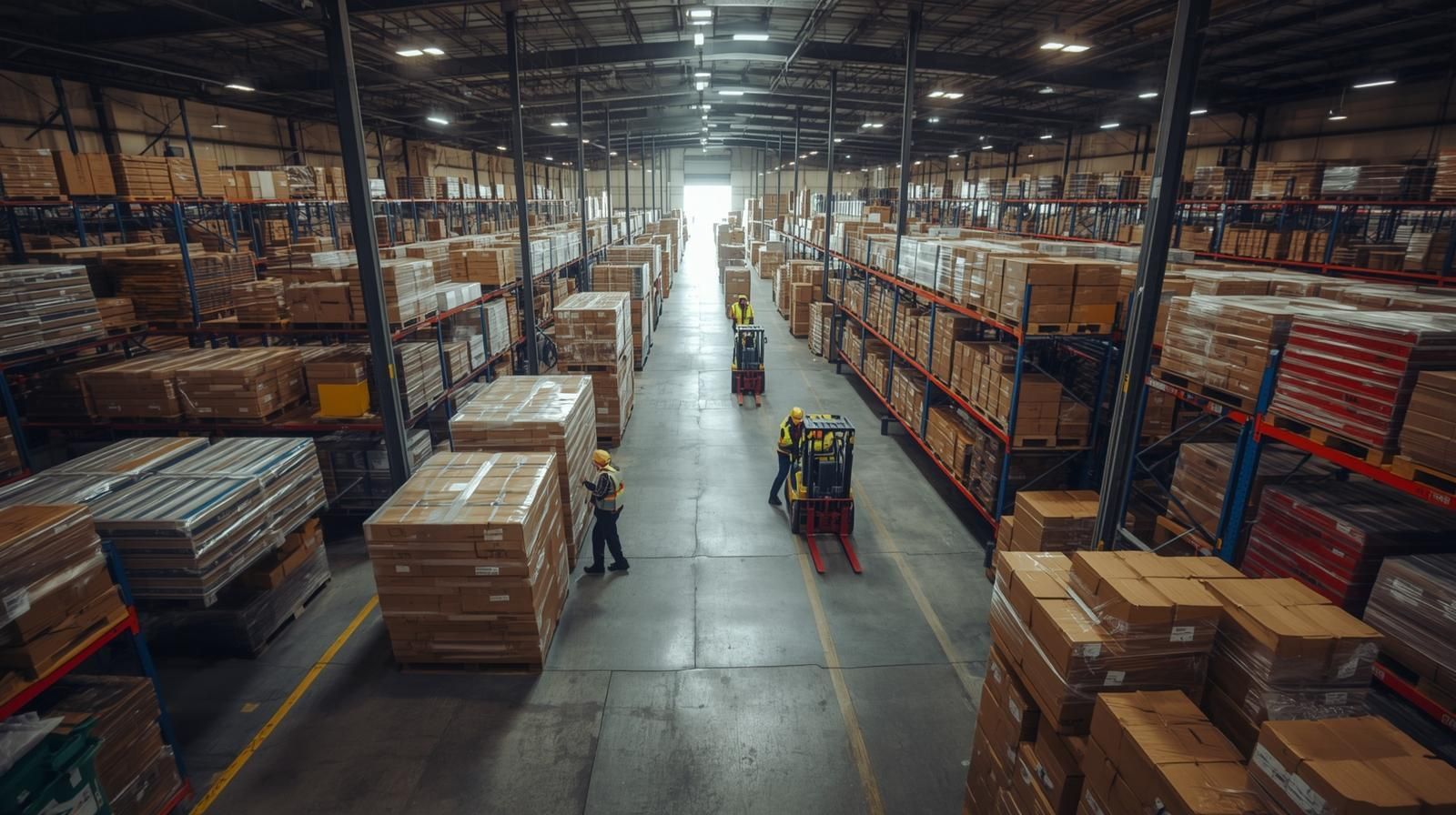 Warehouse interior with workers operating a forklift and surrounded by shelves stacked with packaged goods.