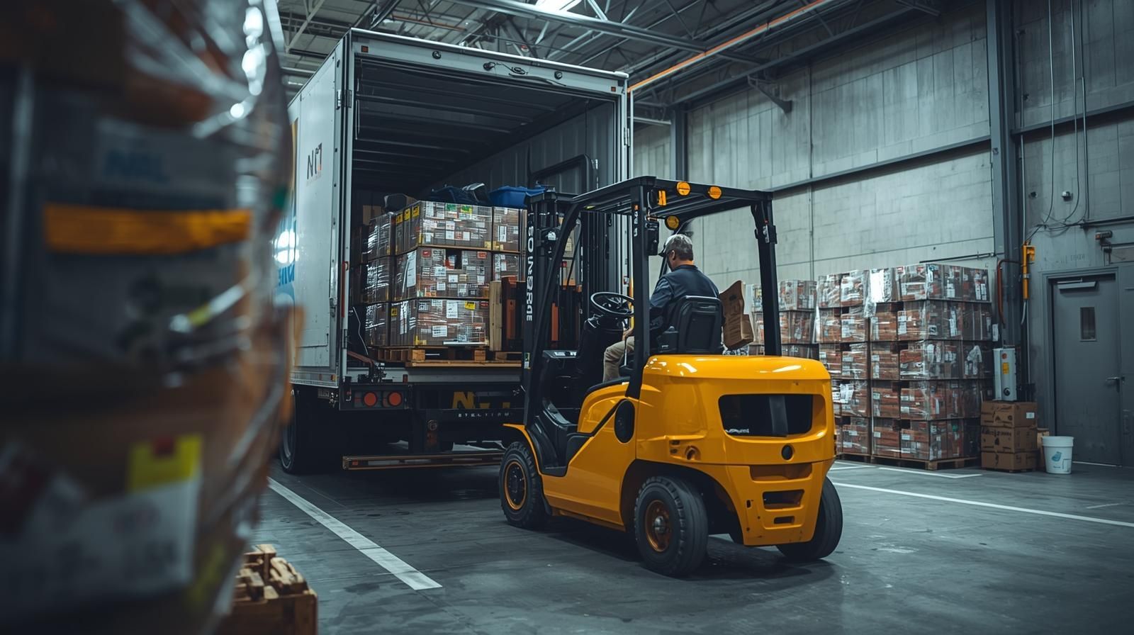 Yellow forklift loading boxes into a truck in a warehouse.
