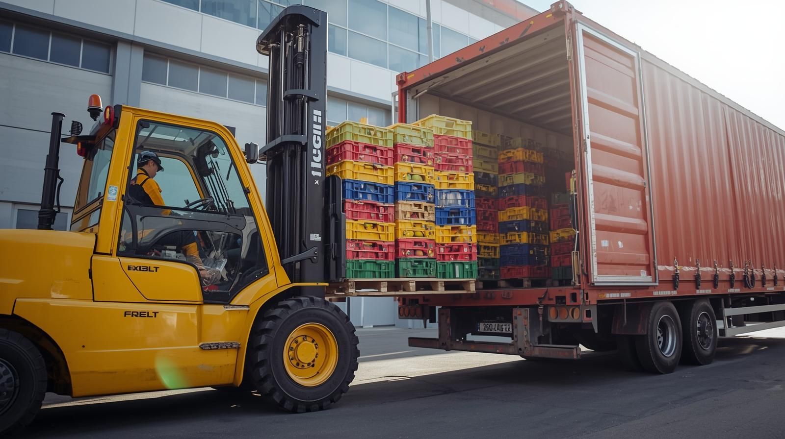 Yellow forklift loading colorful crates into a semi-truck trailer outside a warehouse.