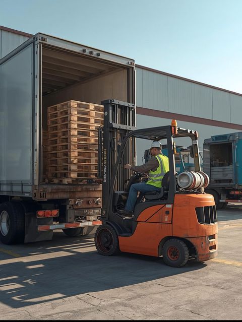 Forklift operator loading pallets into a truck at a loading dock; sunny day.