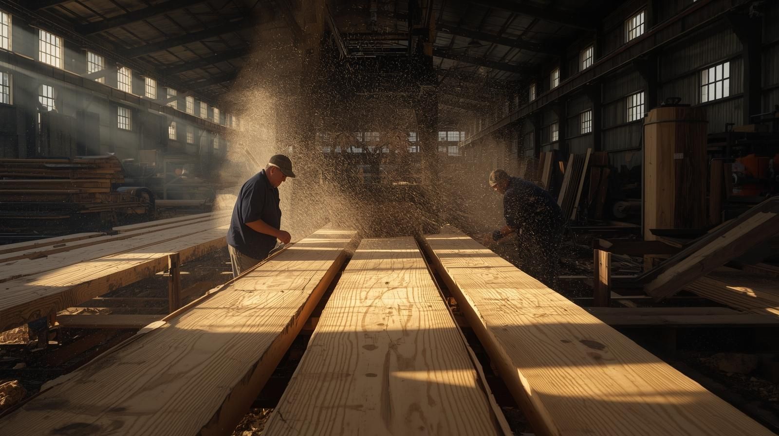 Man operating sawmill; sawdust in air, sunlight, wooden planks.