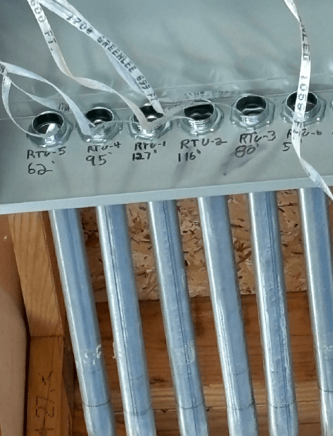 Metal electrical junction box with labeled conduit connections, mounted to wooden beams.