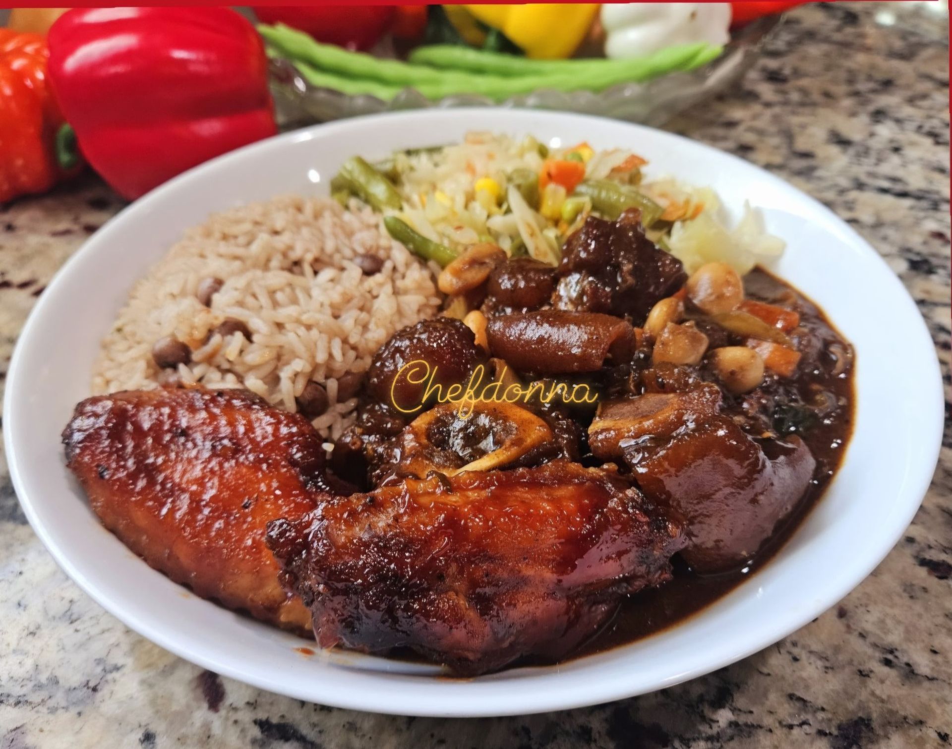 A plate of food with the name cheldonna on it