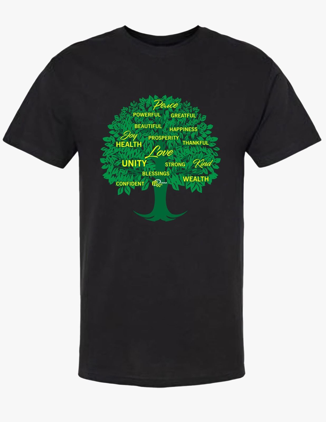 A black t-shirt with a tree and words on it
