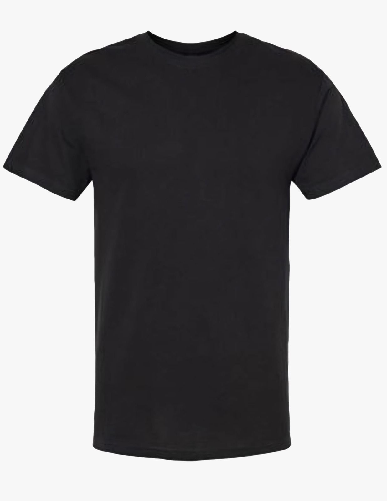 A black t-shirt is shown on a white background