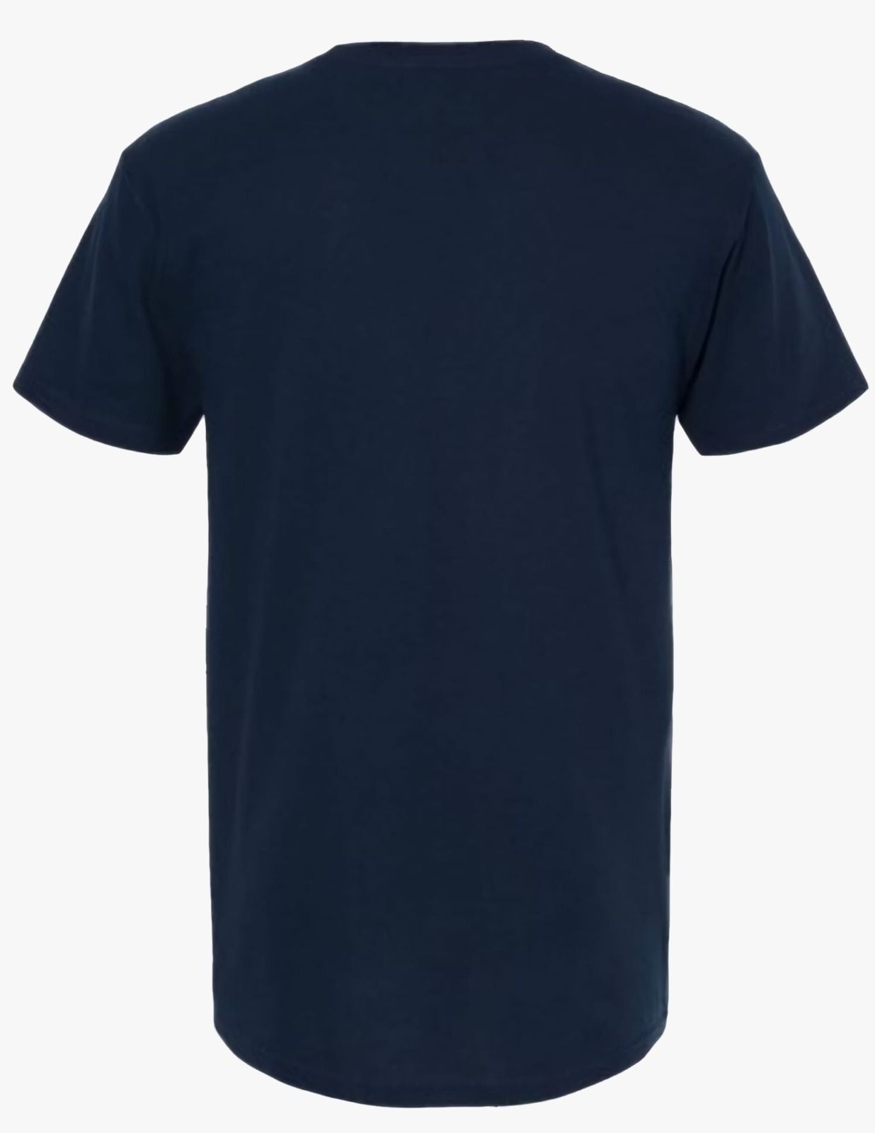The back of a blue t-shirt is shown on a white background.