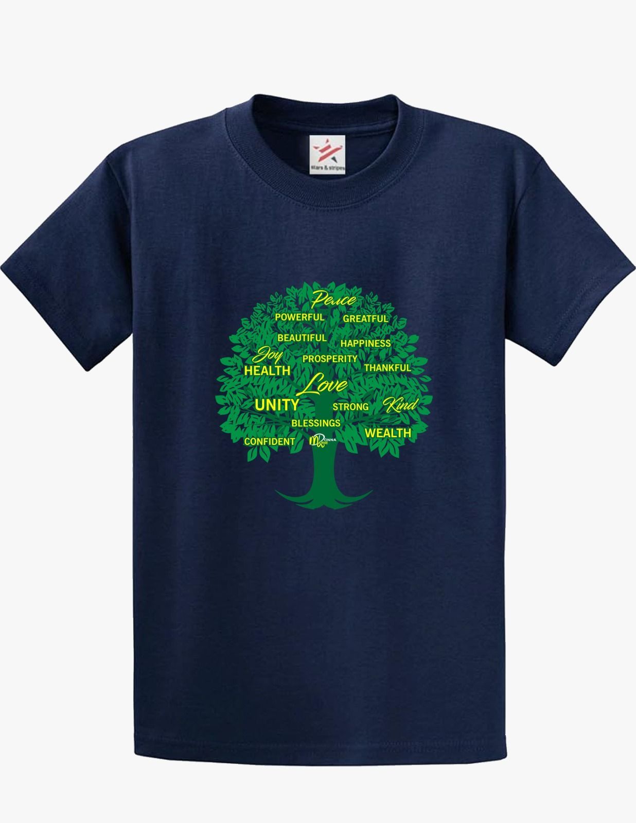 A blue t-shirt with a tree and words on it