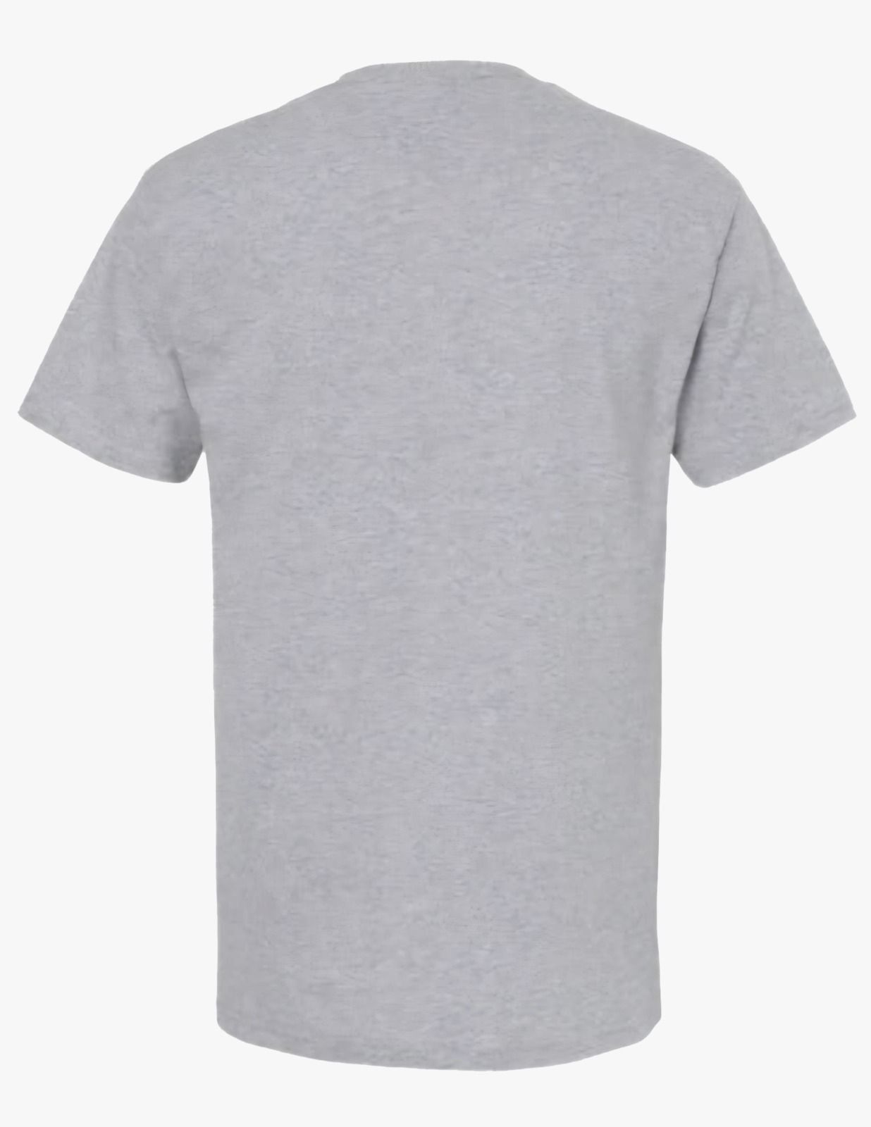 The back of a grey t-shirt is shown on a white background.