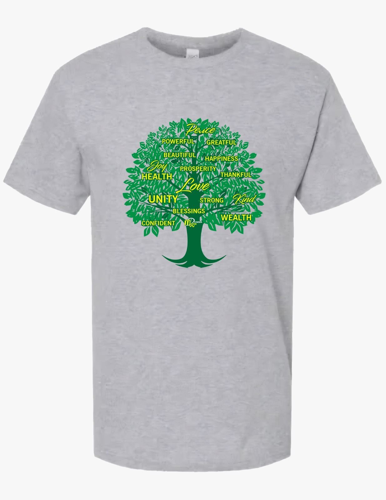 A grey t-shirt with a green tree on it
