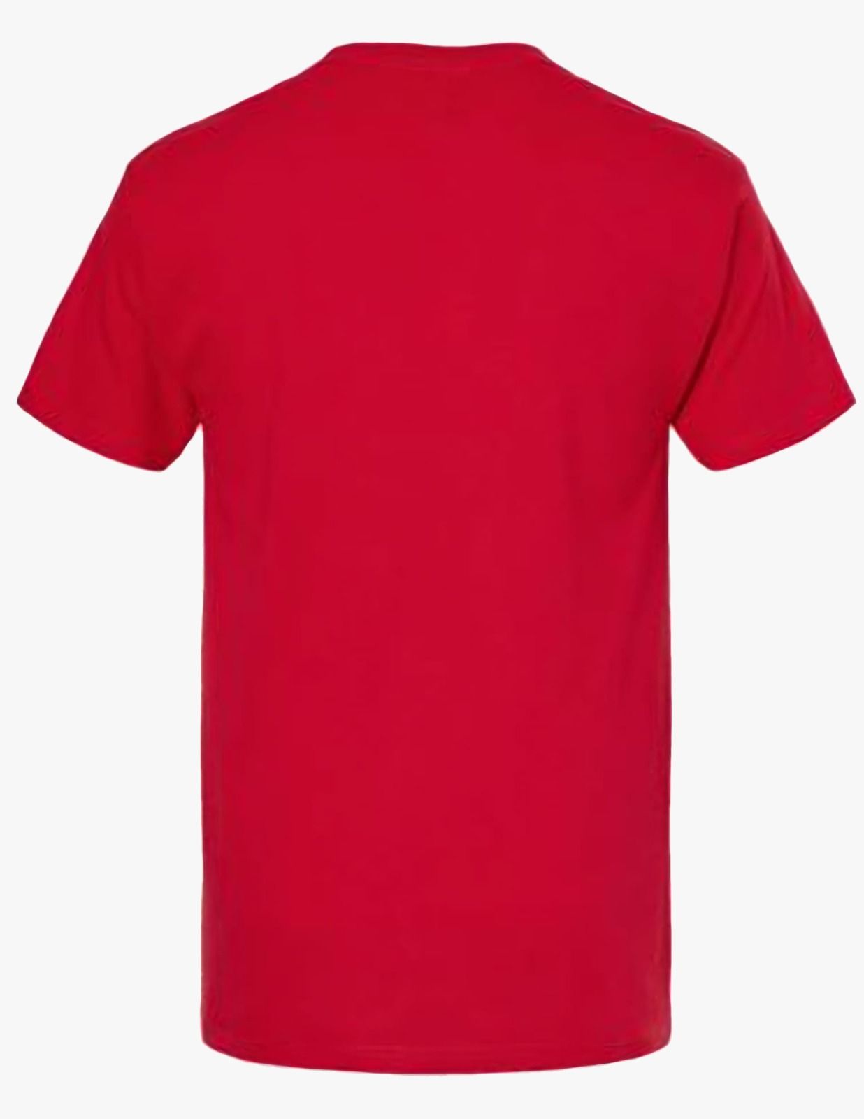 The back of a red t-shirt is shown on a white background.