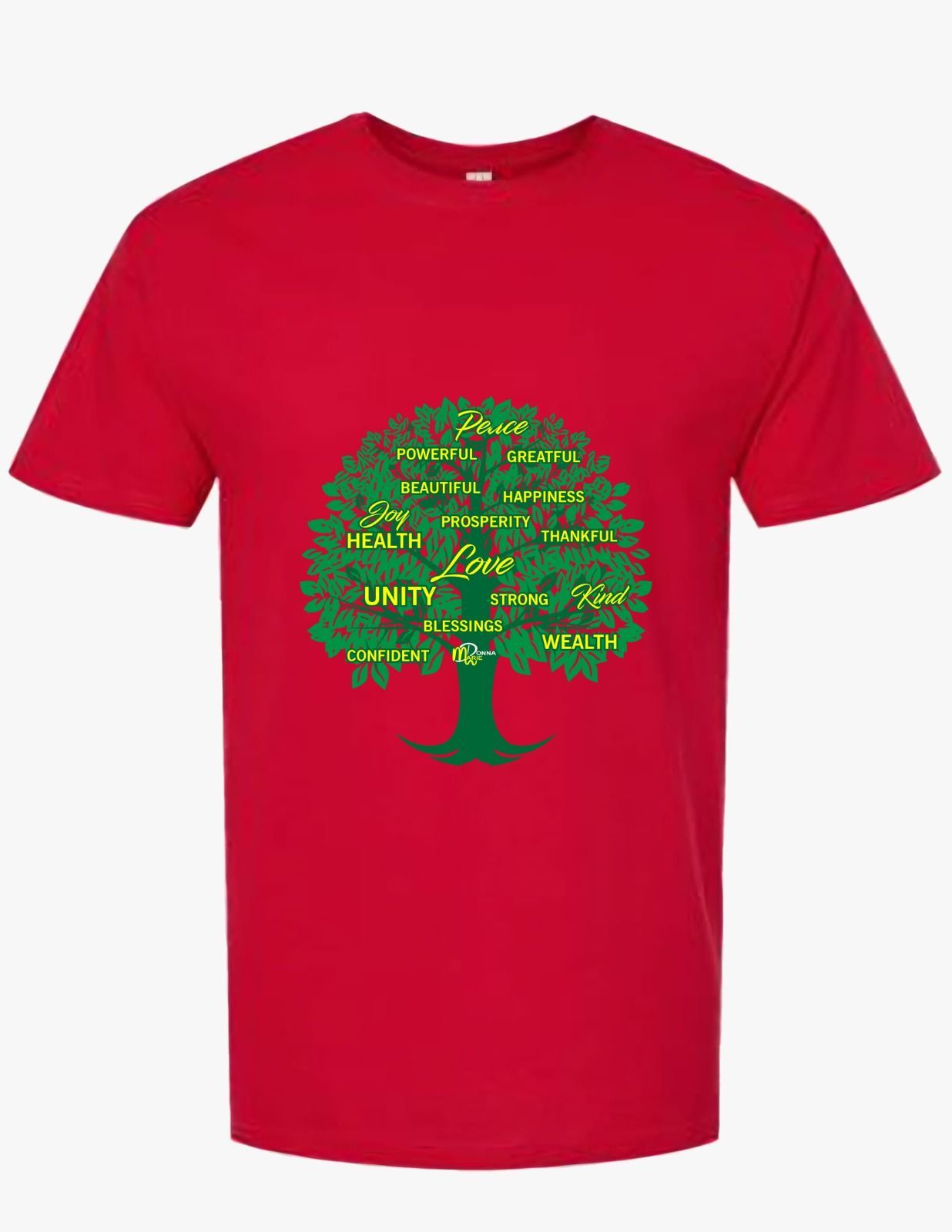 A red t-shirt with a tree and words on it.