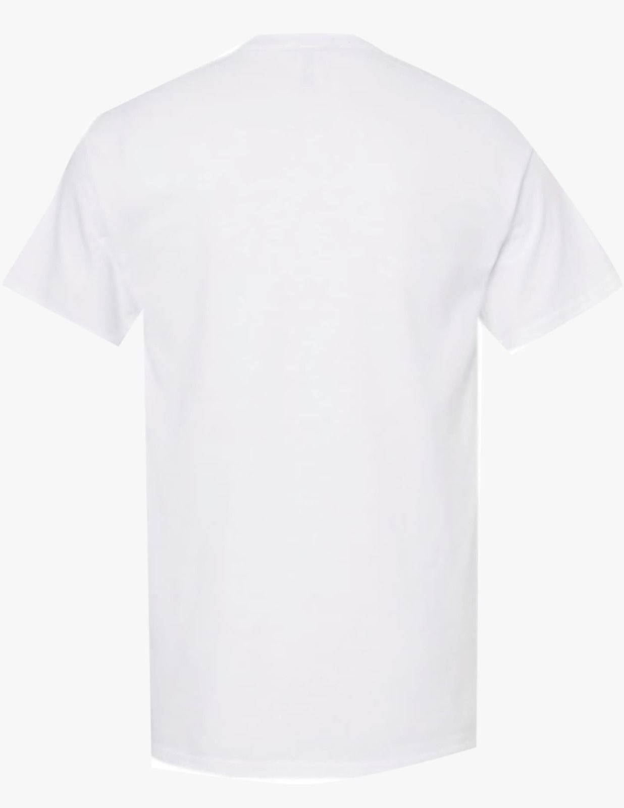 The back of a white t-shirt is shown on a white background.