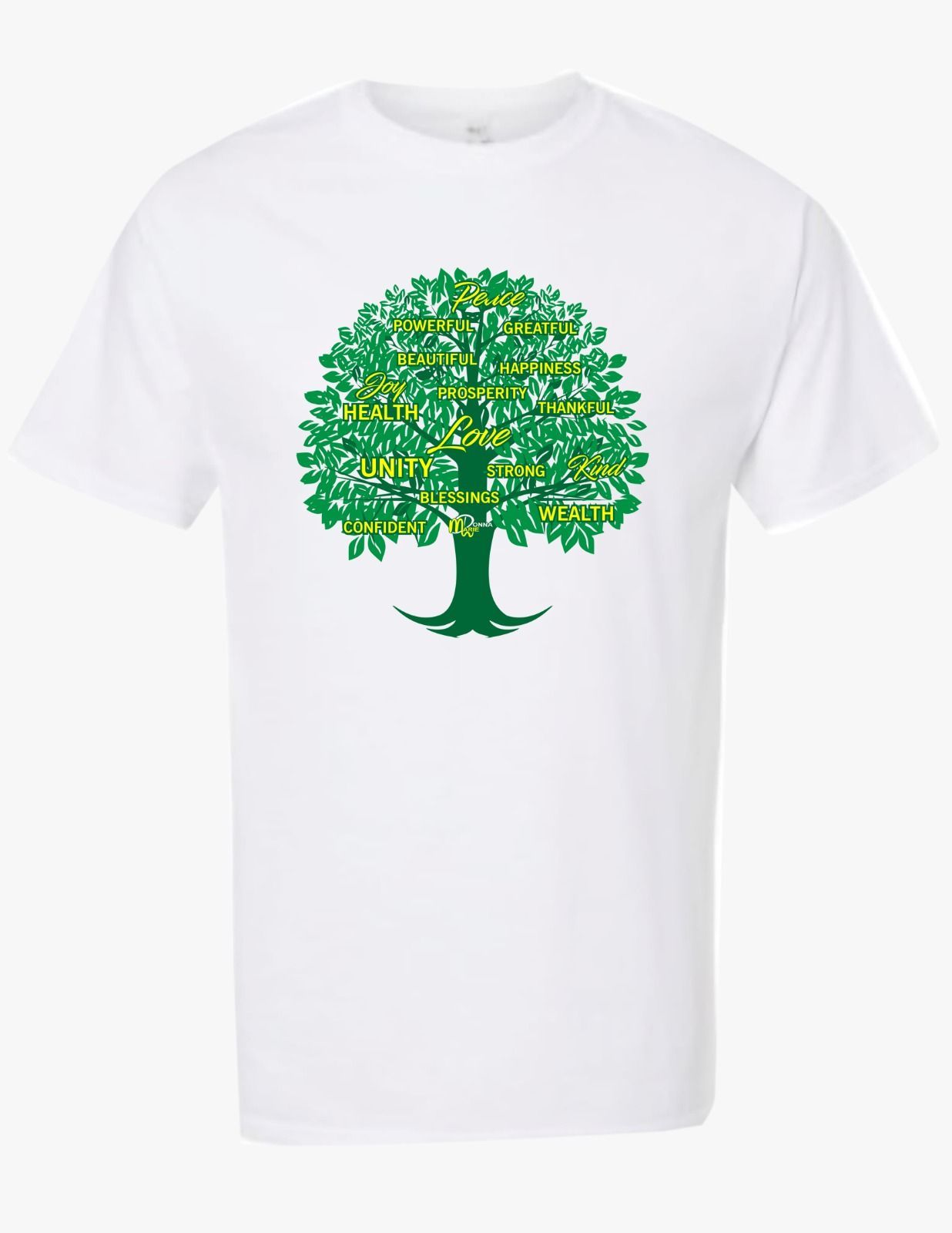A white t-shirt with a green tree on it
