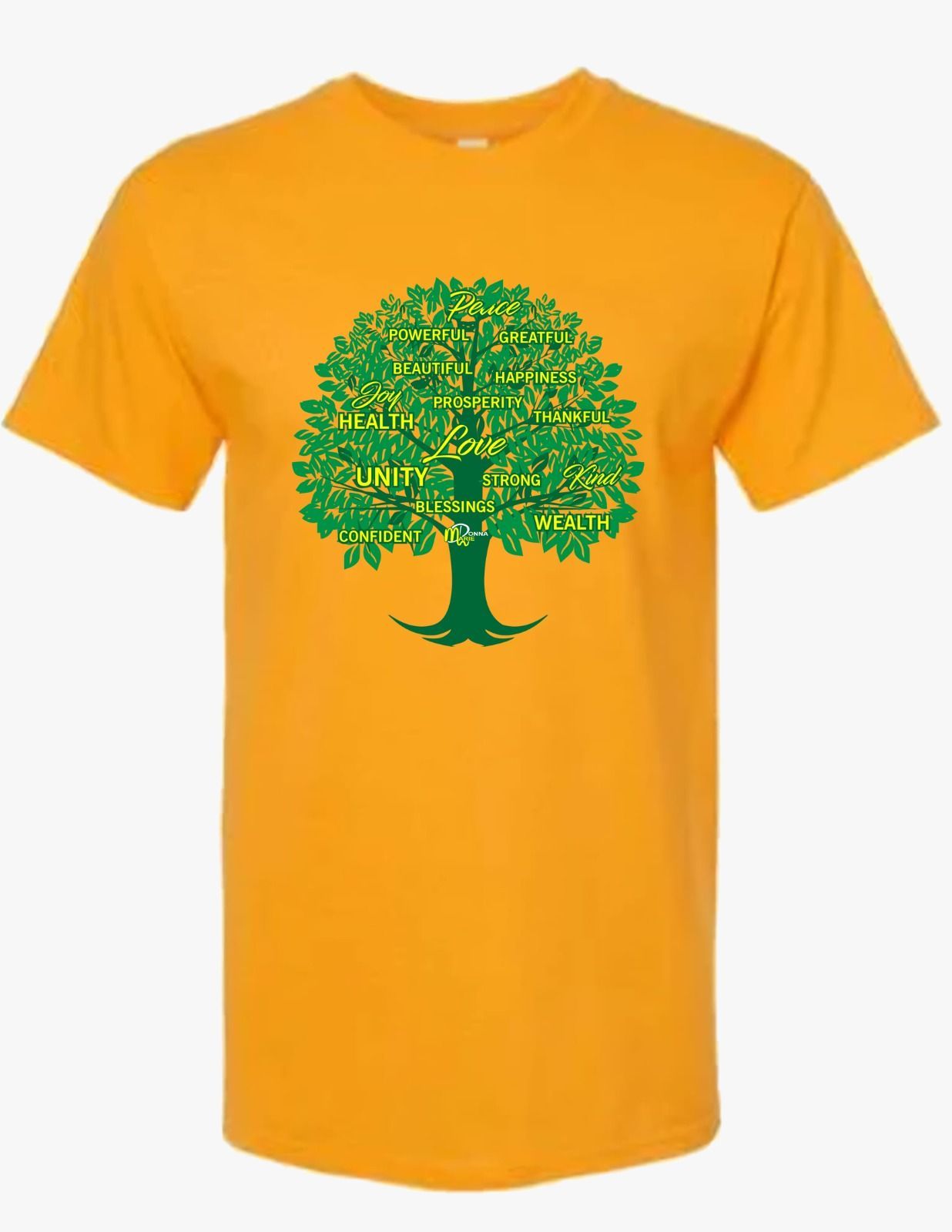 A yellow t-shirt with a green tree on it