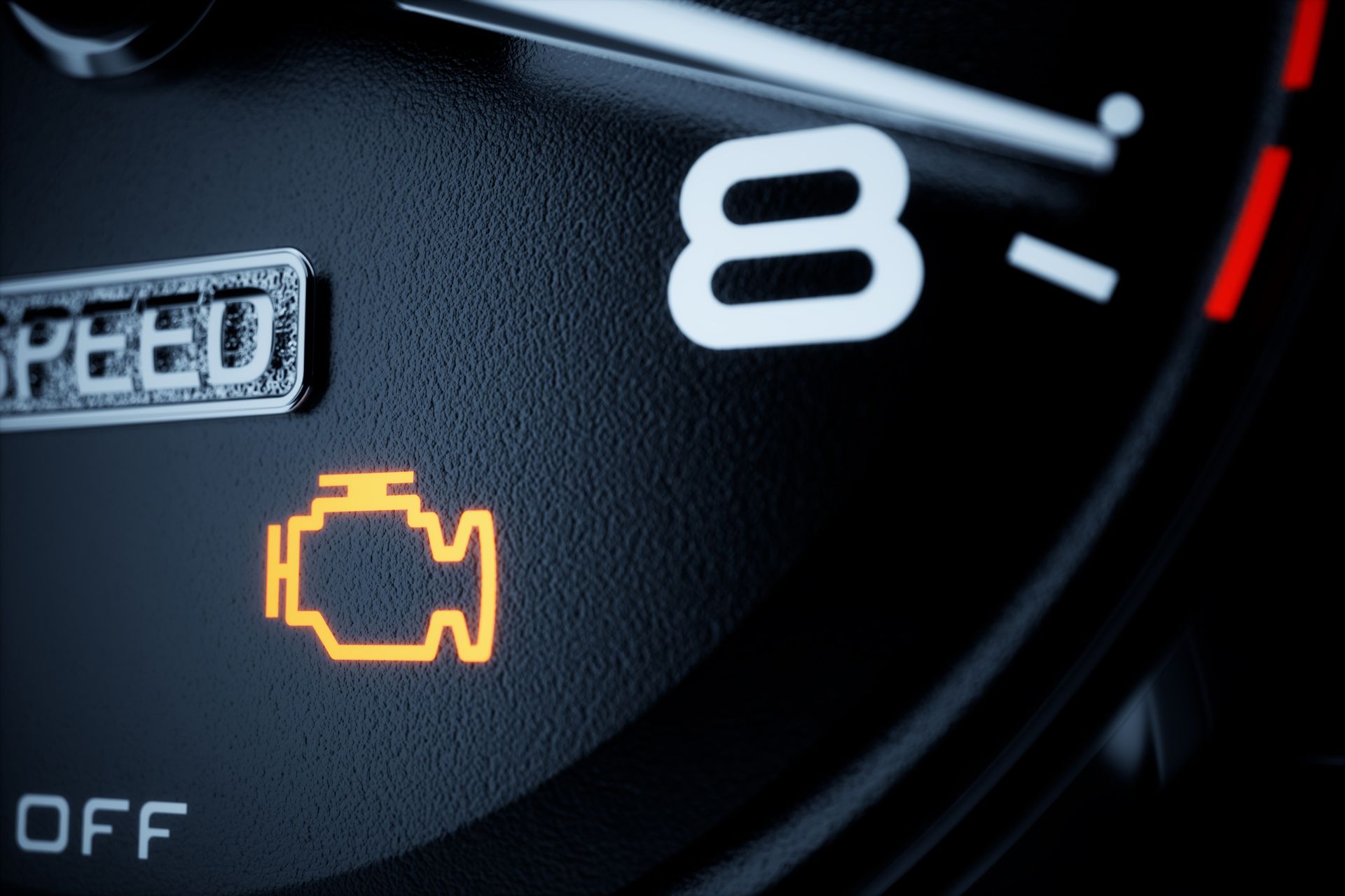Dashboard displaying an illuminated orange engine light next to the number eight. | All Valley Car Care