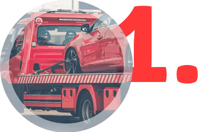 Red tow truck carrying a red car. Number 1. in red is on the right. | All Valley Car Care