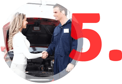 Woman shaking hands with auto mechanic in front of car with open hood. Red