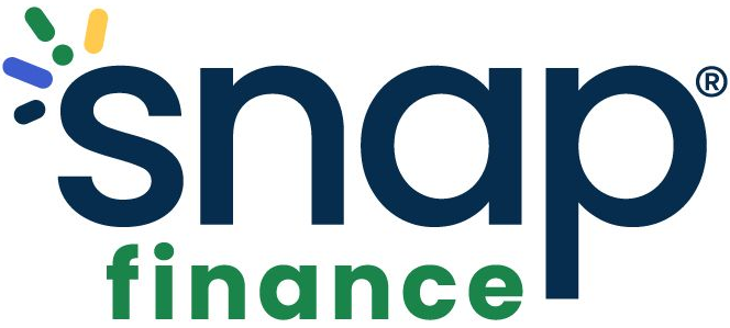 Logo for Snap Finance, navy blue letters with green 