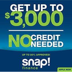 Ad for Snap Finance: Get up to $3,000, no credit needed. Blue background, green numbers and text. | All Valley Car Care