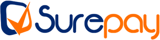 Surepay logo with a checkmark icon in blue and orange.