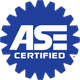 ASE logo: blue and white, seal shape with 